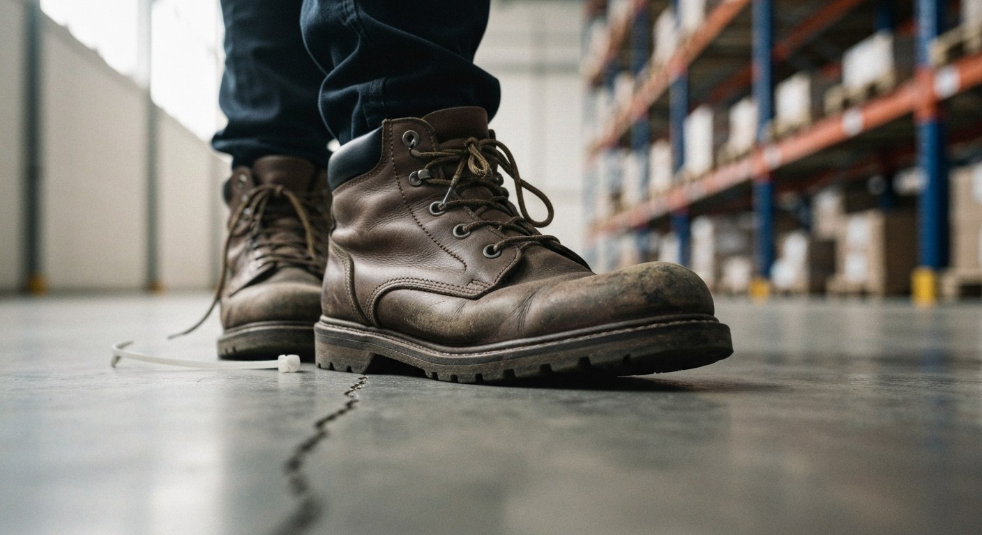 Hard Physical Toll of Warehouse Work Worn brown leather work boots standing on a dusty grey concrete warehouse floor with soft window lighting.