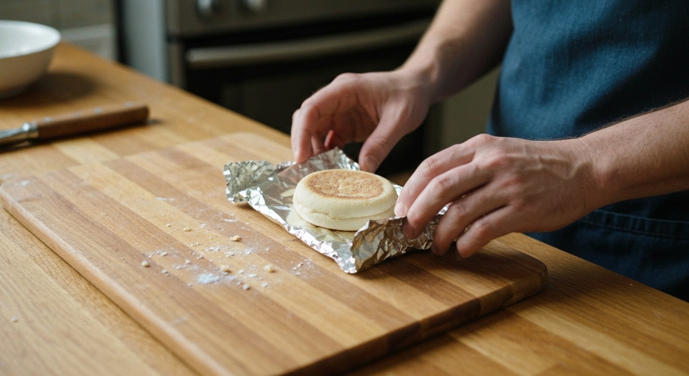 Close-up of hands wrapping a sliced English muffin in aluminum foil on a wooden kitchen counter.