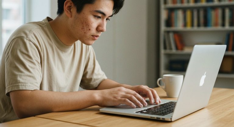 A person focused on a laptop at a wooden desk with a coffee mug, illuminated by soft morning window light.