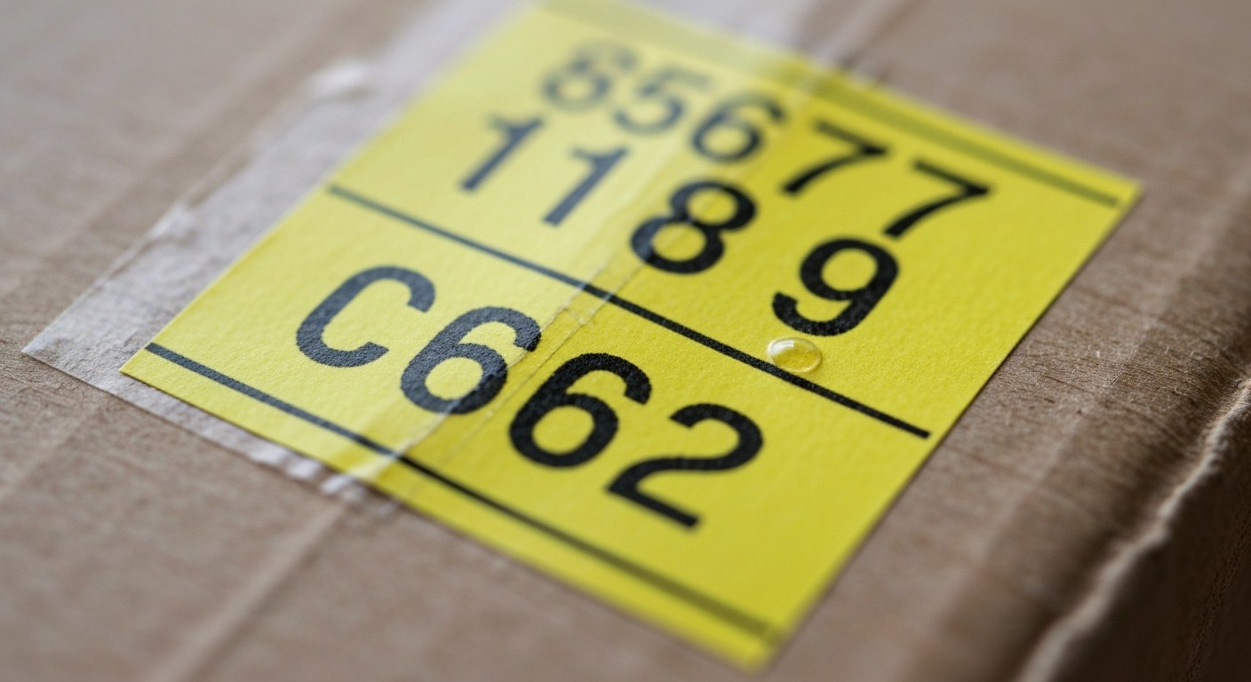 Decoding Driver Aid Labels for Sorting Close-up of a yellow driver aid sticker with alphanumeric codes on a cardboard shipping box.