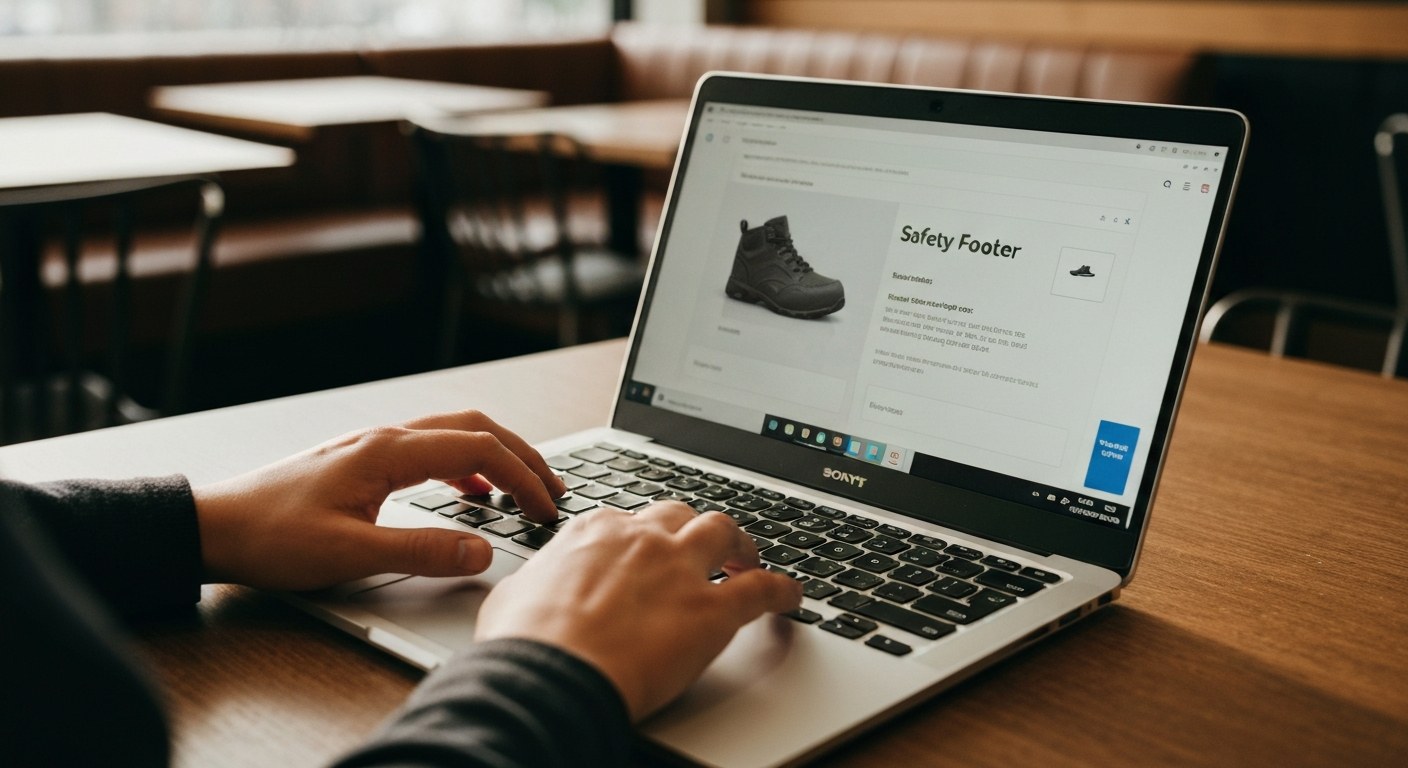 Hands using a laptop to browse a safety shoe selection portal.
