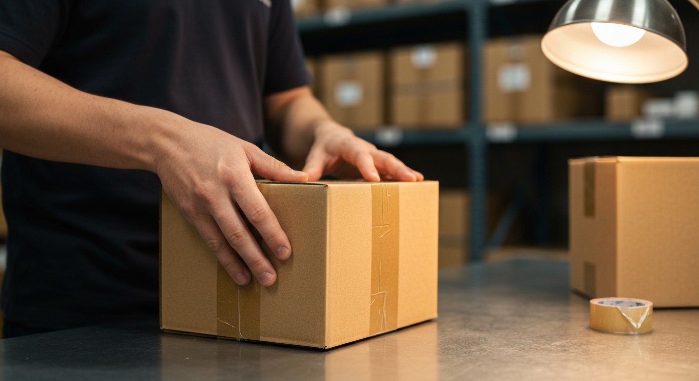 Precision Pick and Pack Process in 3PL Close-up of a worker's hands assembling a cardboard package on an industrial workbench with shallow depth of field.