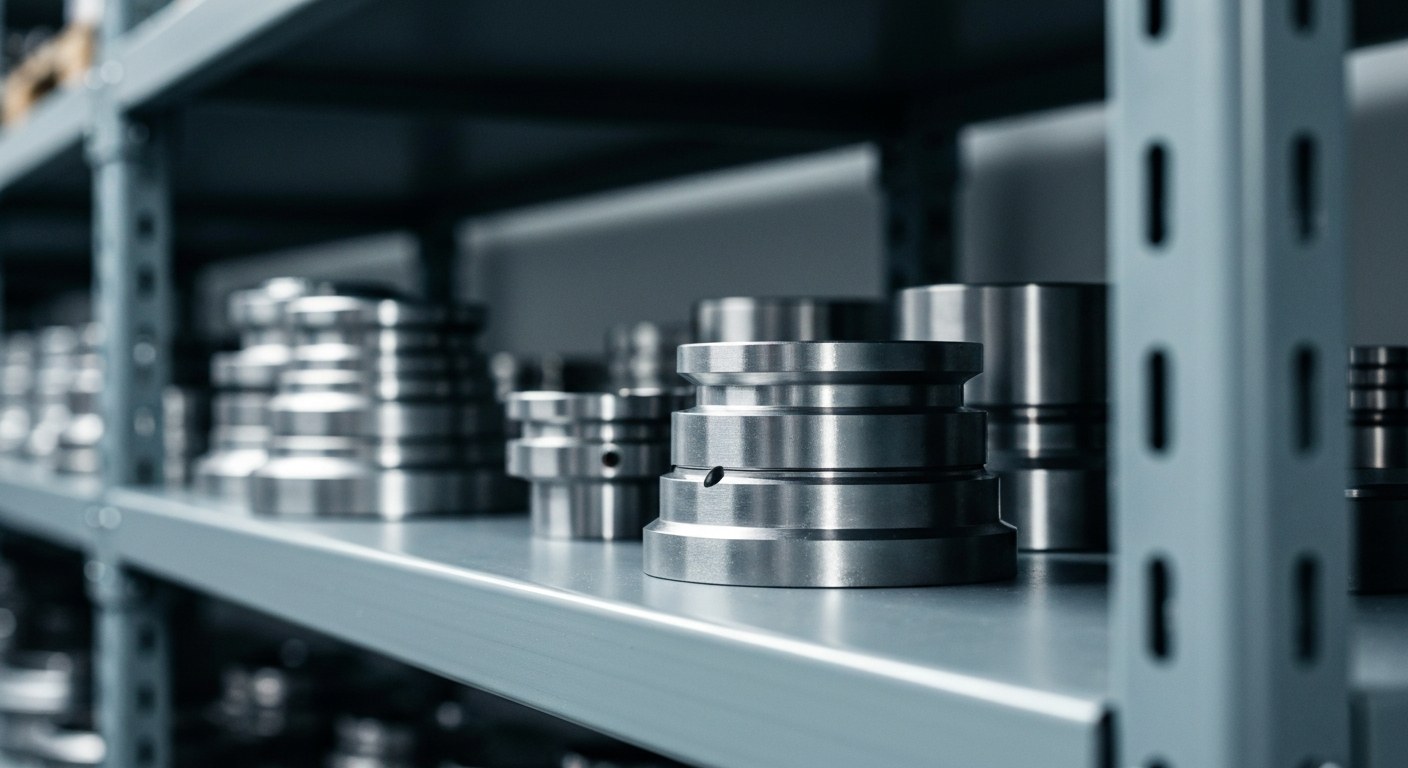 Precision metal parts organized on a grey industrial shelf with soft overhead lighting and shallow depth of field.