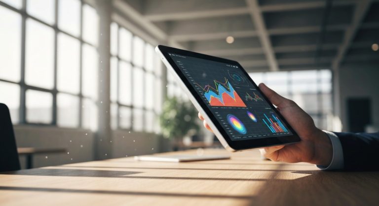 A person's hand holding a tablet displaying colorful data charts in a bright, modern office with soft window light.