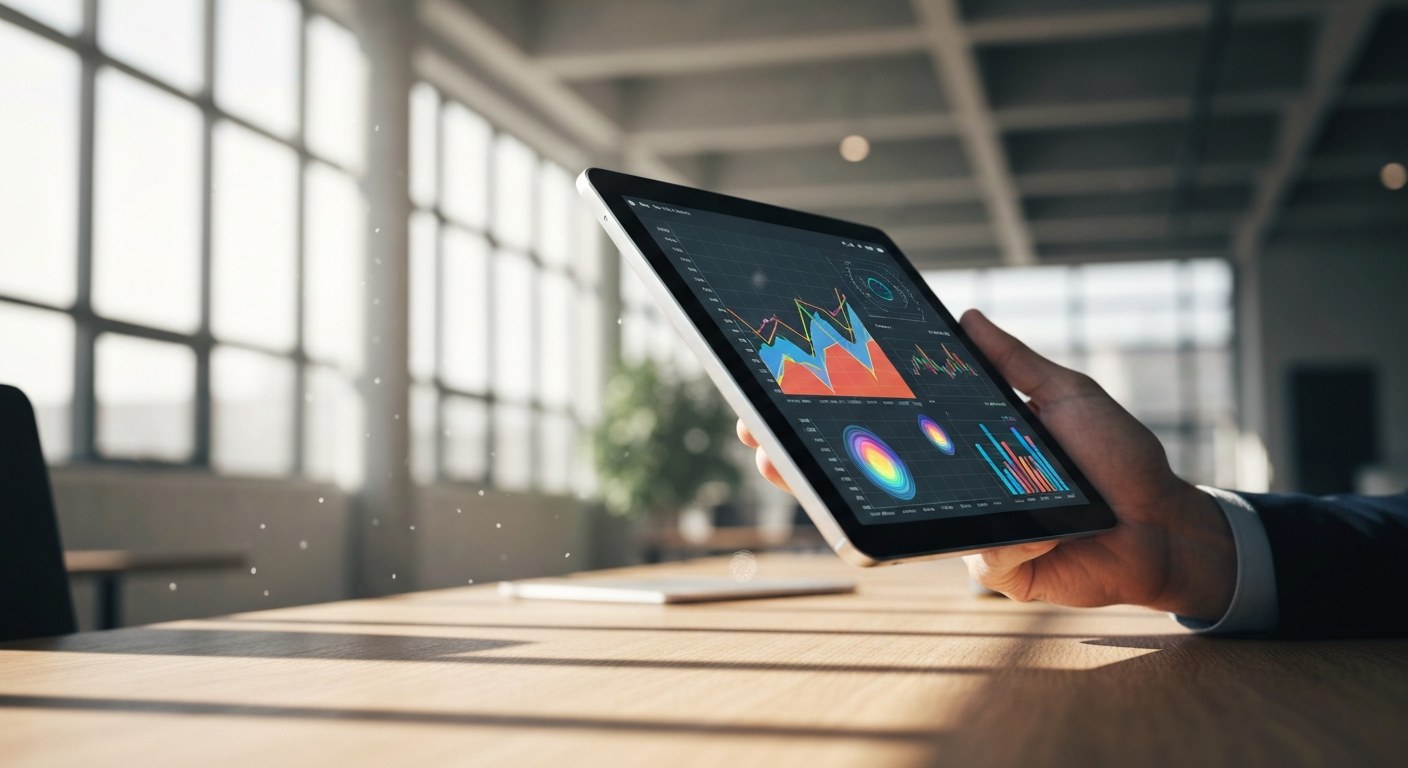 Real-Time Data Analytics Visualization A person's hand holding a tablet displaying colorful data charts in a bright, modern office with soft window light.