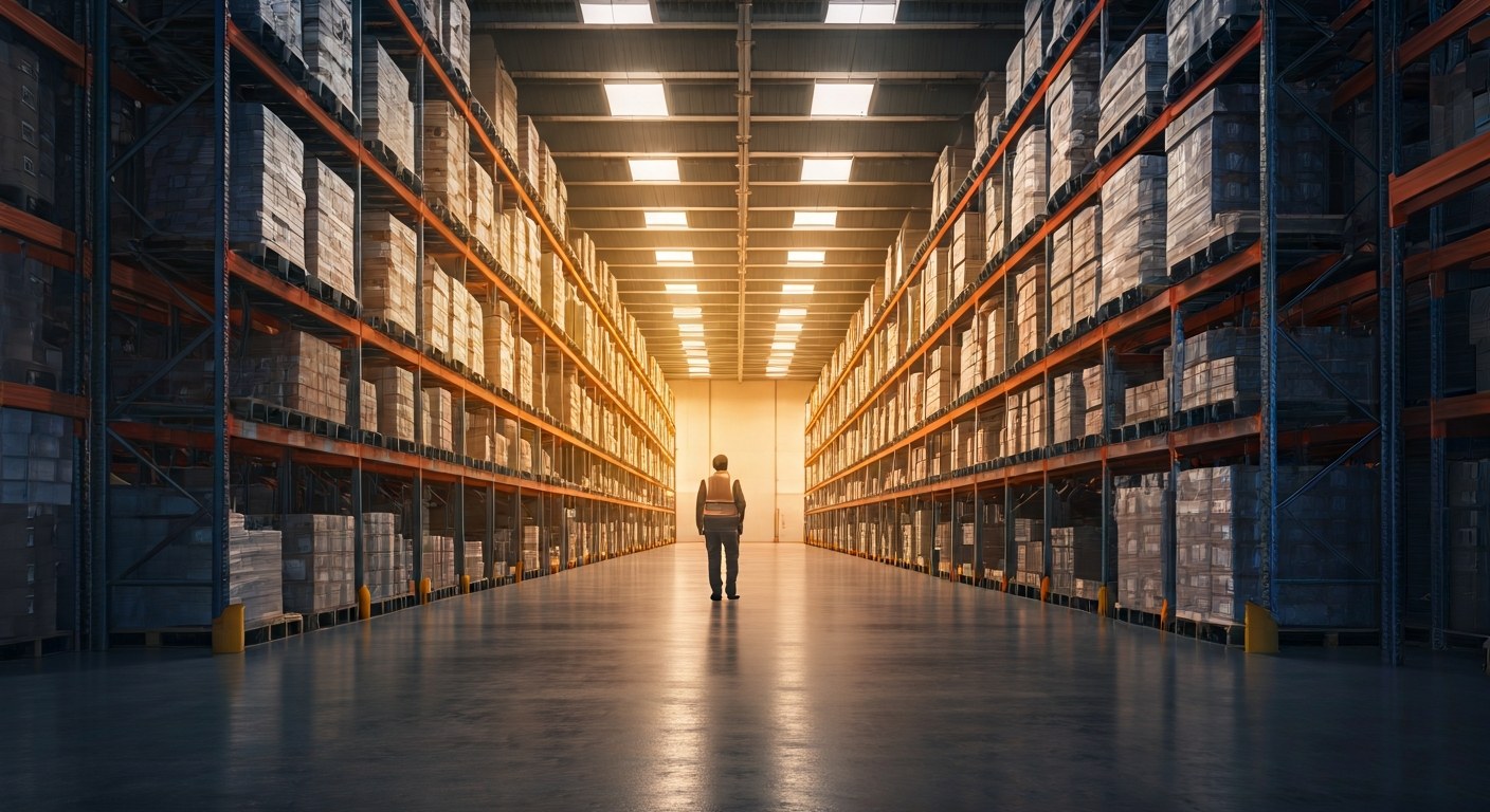 Advanced Logistics Facility with Automated Systems A wide view of a modern high-tech warehouse aisle with a worker walking between tall storage racks.