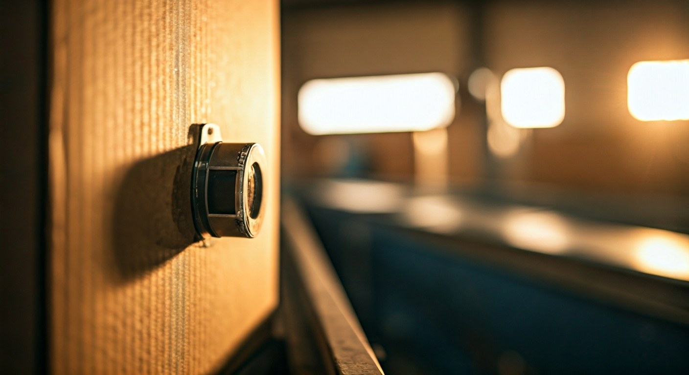 Extreme close-up of a tracking tag on a cardboard box with shallow depth of field and warm lighting.