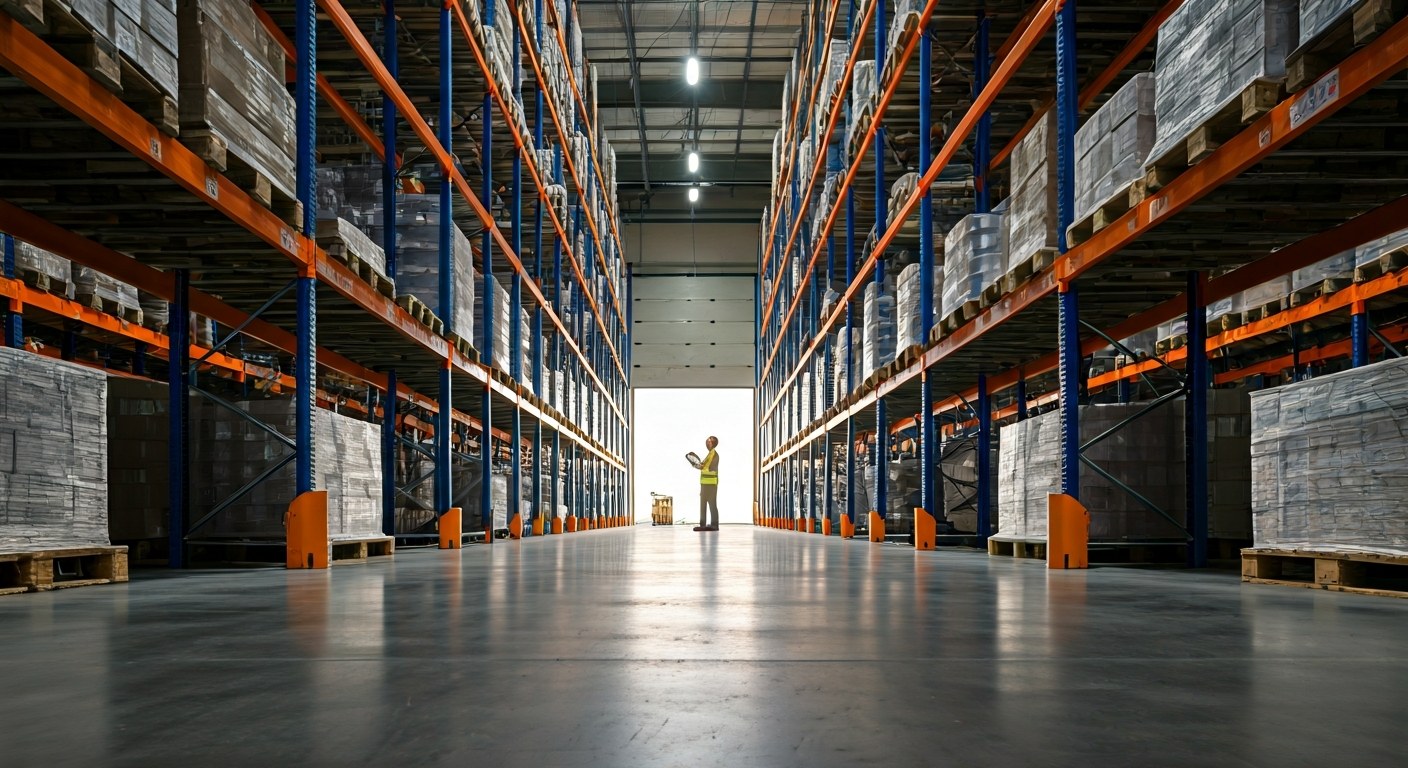 Modern high-tech warehouse interior with high steel racks and a worker using a scanner under mixed lighting.