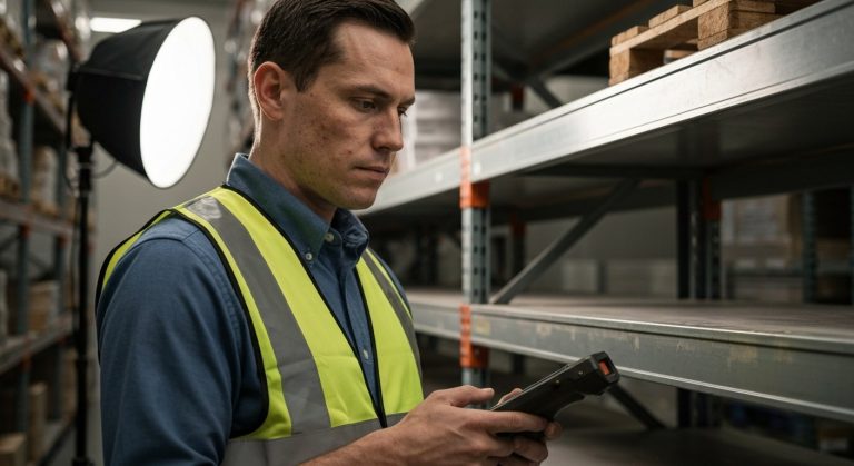 A warehouse manager holding a scanning device in a modern storage facility.