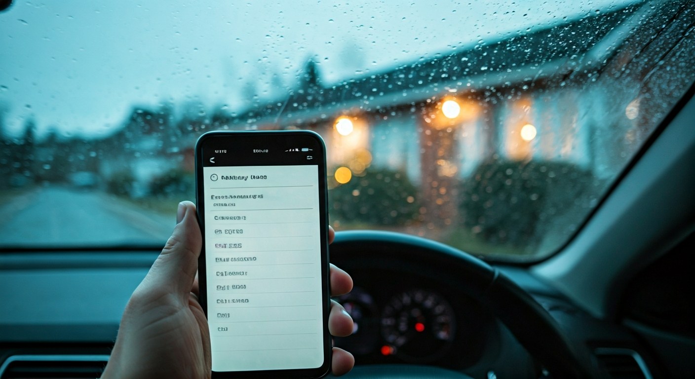 Amazon Flex App Christmas Schedule A person in a car holding a smartphone showing an empty delivery app schedule on a frosty Christmas morning.