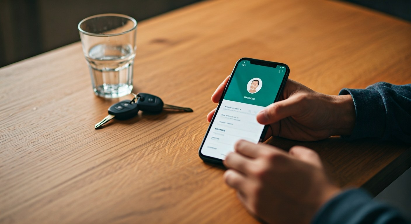 Amazon Flex App Enrollment Process Hands interacting with a smartphone on a wooden table next to car keys and a glass of water with condensation.