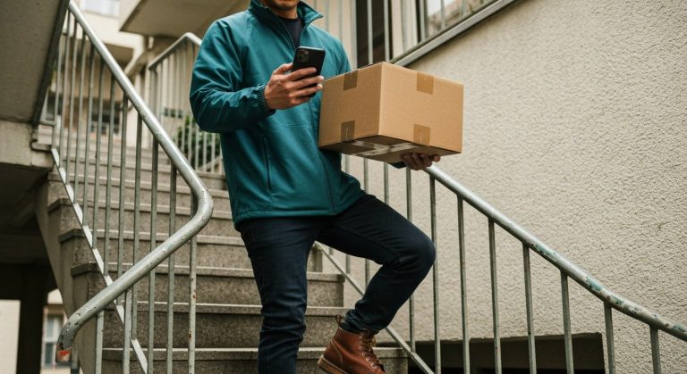 A delivery person carrying a cardboard box and checking a smartphone while climbing a concrete staircase in an apartment.