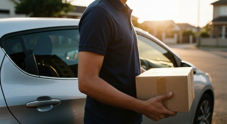 A delivery driver in a silver car holding a cardboard box during a warm sunset in a suburban neighborhood.