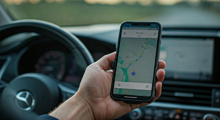 A close-up of a driver's hand holding a smartphone mounted on a car dashboard, showing a delivery app interface.