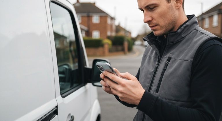 A delivery driver looks at a smartphone screen while standing next to a white van on an overcast day.