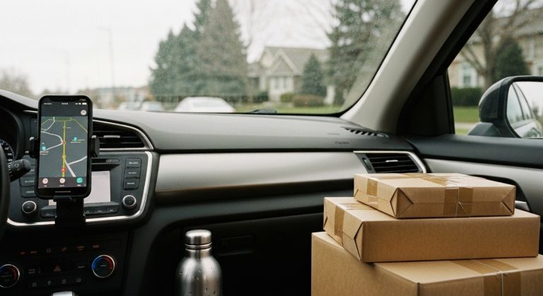 Close-up of a car dashboard with a smartphone navigation mount and delivery packages on the passenger seat.