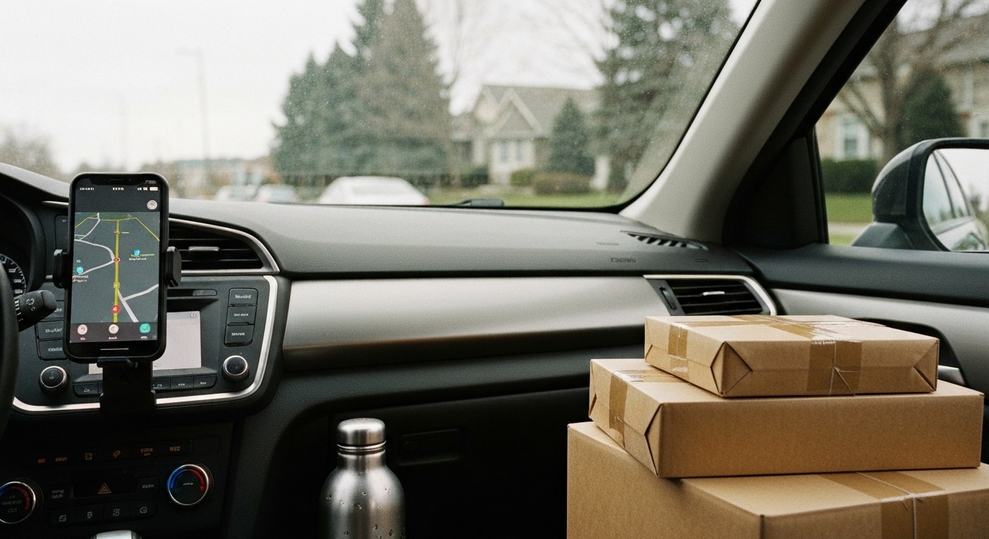Close-up of a car dashboard with a smartphone navigation mount and delivery packages on the passenger seat.
