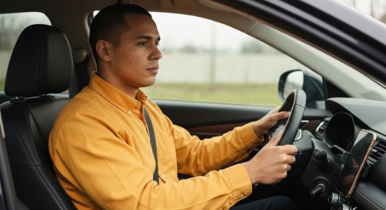A professional delivery driver sits in their car holding a smartphone, ready to begin a delivery shift.