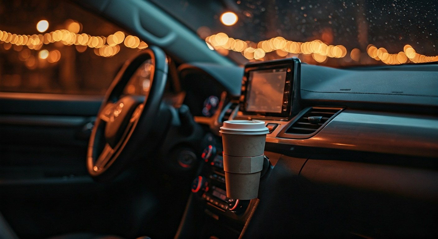 Driver Preparation for Holiday Surge Interior of a delivery driver's car with a coffee cup and a festive ribbon on the dashboard at dawn.