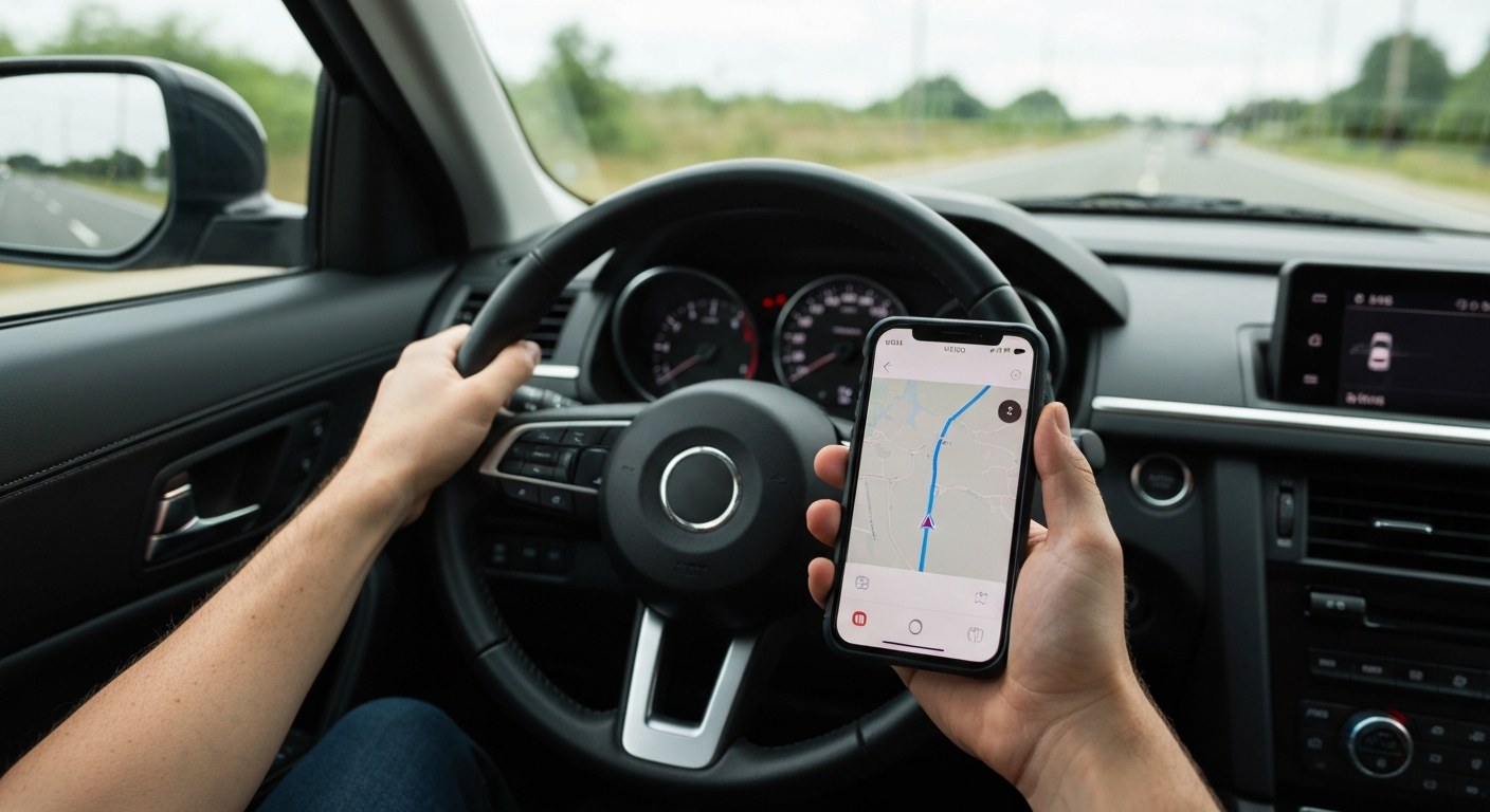 A driver's hand holding a smartphone with a navigation map while sitting in a car's driver seat.