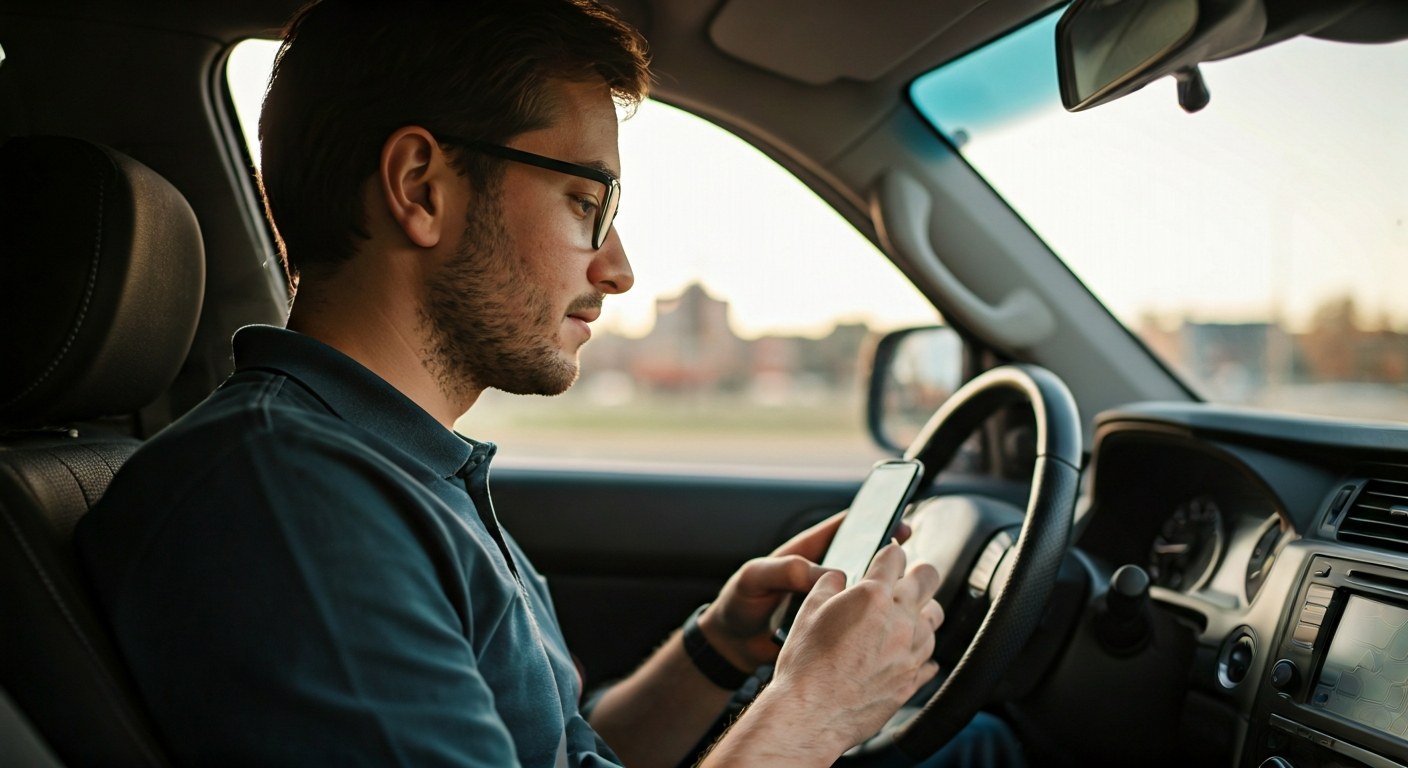 Amazon Flex Driver Starting the Day A man in his 30s looks at a navigation app on a phone mounted to his car dashboard during a sunny morning.