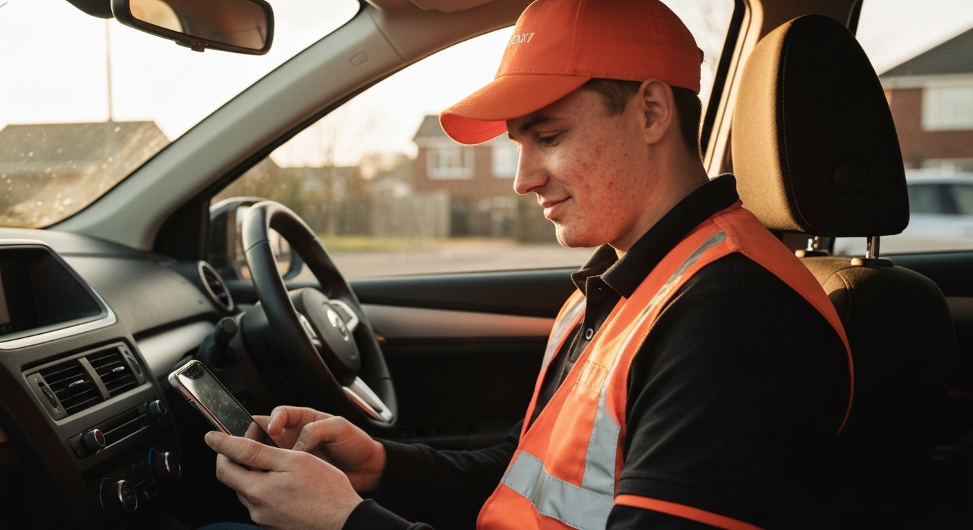 Amazon Flex Driver Referral Success A young delivery driver in a car checks a referral bonus on their smartphone during a warm golden hour sunset.