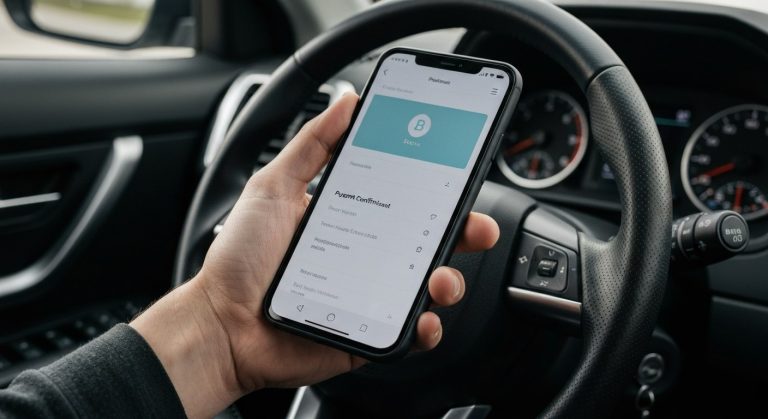 Amazon Flex Same Day Pay: Get Paid Today (2026 Guide) 2 Close-up of a person's hand holding a smartphone inside a car, showing a banking app dashboard with blurred background.