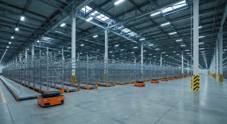Wide view of a multi-story warehouse with robotic drives moving inventory pods under industrial lighting.