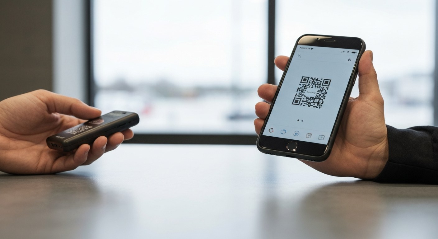 Mobile QR Code Return Process Close-up of a hand holding a smartphone with a QR code over a retail counter while holding a small electronic item.