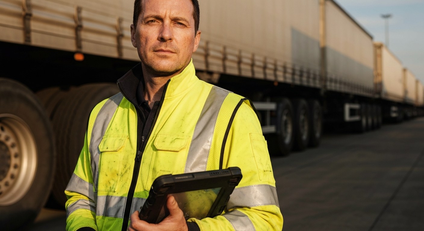 Amazon TOM Team Transportation Associate at Work A focused transportation associate in a high-visibility vest holding an industrial tablet in a sunlit shipping yard.