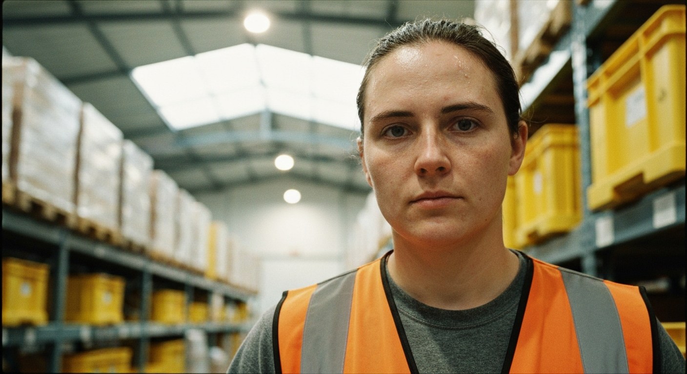 Amazon Warehouse Associate at Work A warehouse worker in a high-visibility vest stands thoughtfully between tall industrial shelves in a bright facility.