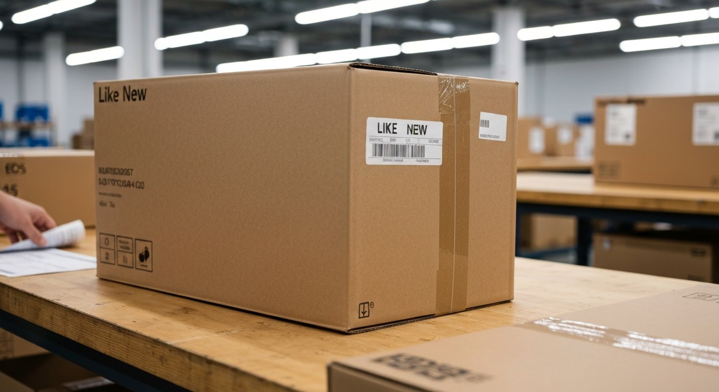 Understanding Amazon Resale Condition Grades Close-up of a neatly resealed cardboard box on a wooden workbench in a bright warehouse.