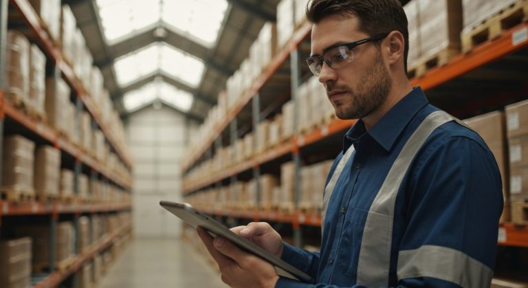 A warehouse supervisor in a high-tech facility holding an industrial tablet with robotic shelves blurred in the background.
