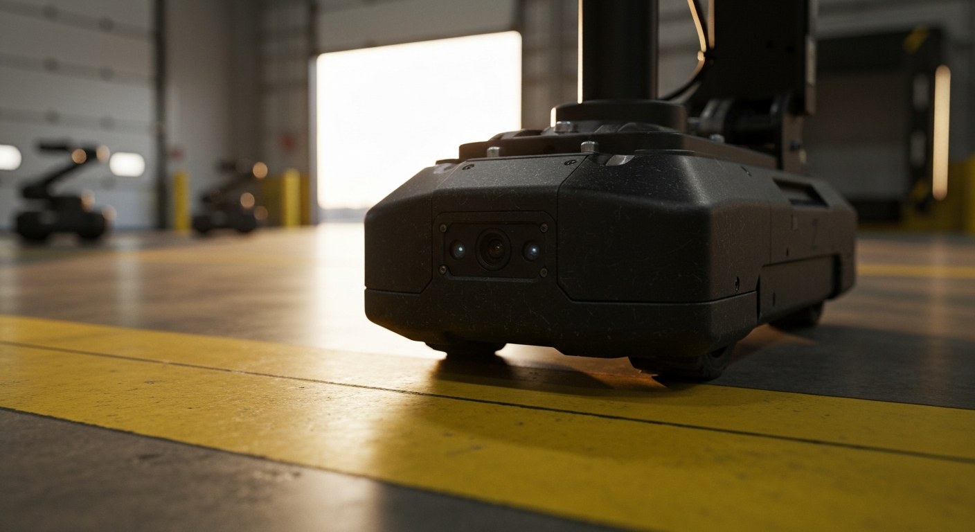 Autonomous Mobile Robot Navigation Technology Low angle shot of an autonomous robot's navigation sensors on a weathered warehouse floor during sunset.