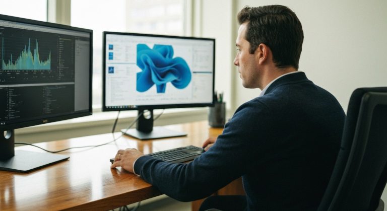 Data Warehouse Fundamentals for Beginners (No Jargon!) 2 An analyst working on data visualizations on monitors at a desk, professional office setting.