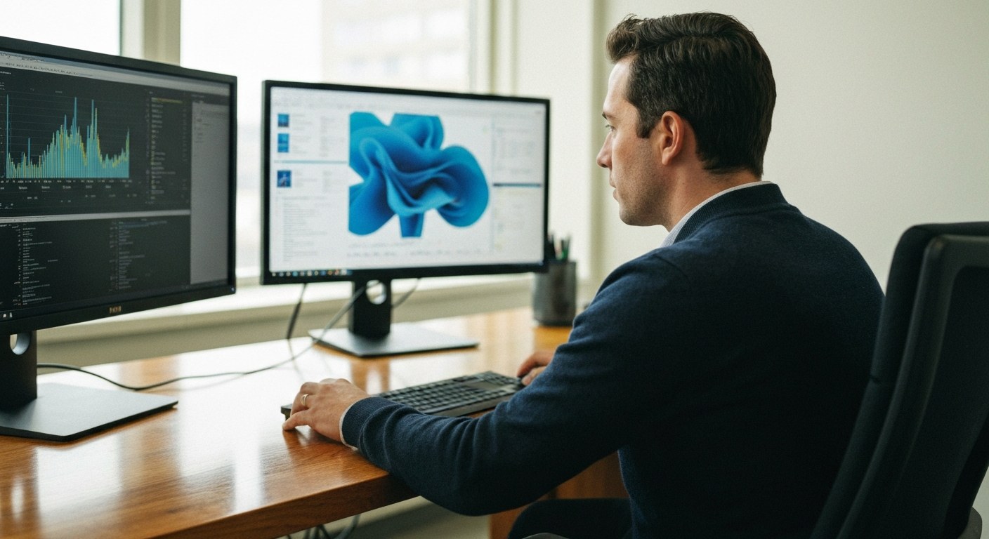 Modern Data Analysis Environment An analyst working on data visualizations on monitors at a desk, professional office setting.
