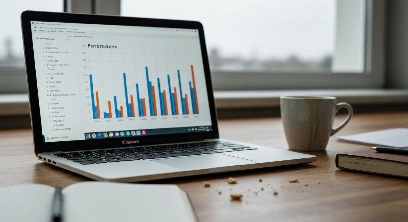 Analyzing performance metrics on a laptop A professional desk workspace showing a laptop with data charts and a notebook, top-down perspective