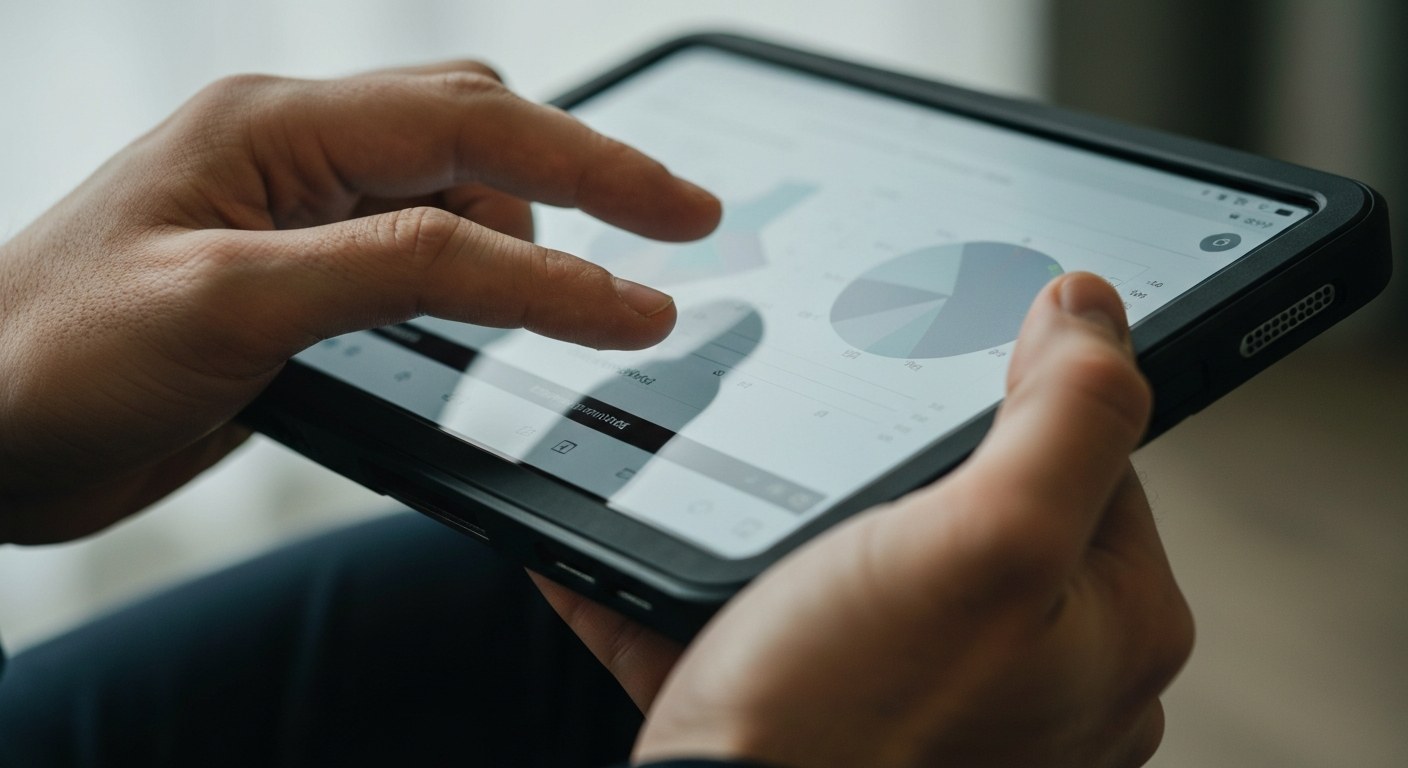 Analyzing Compensation Data Close up of hands reviewing logistics salary data on a tablet screen.