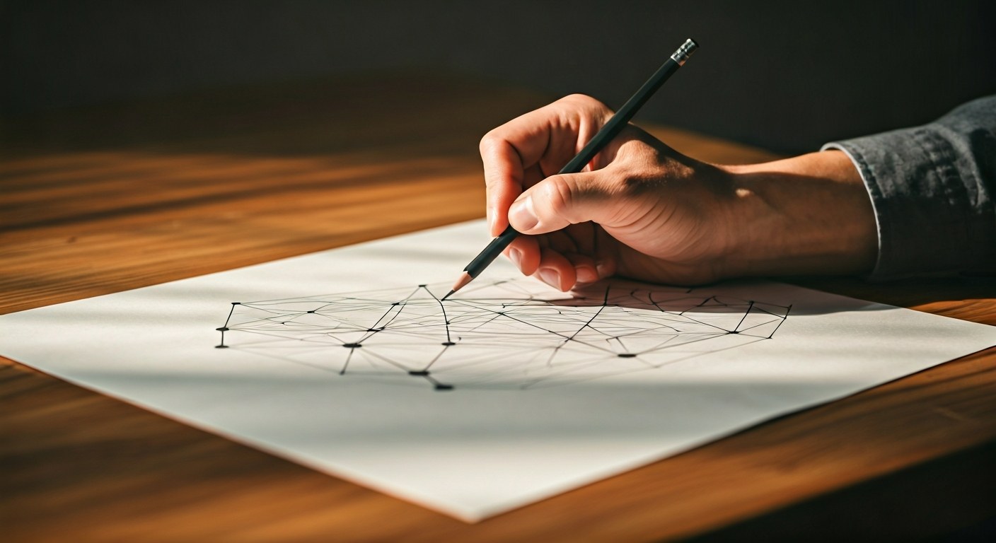 Architecting Dimensional Models Data architect's workspace with a hand-drawn diagram of abstract nodes and connections, golden hour lighting.
