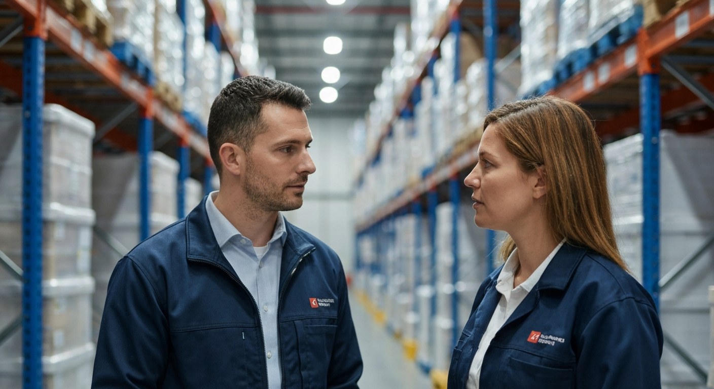 An Area Manager mentoring an associate in a warehouse aisle.