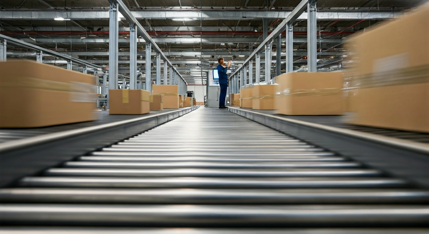 High Speed Order Fulfillment Wide view of a busy conveyor belt system in an automated distribution center during shipment fulfillment.