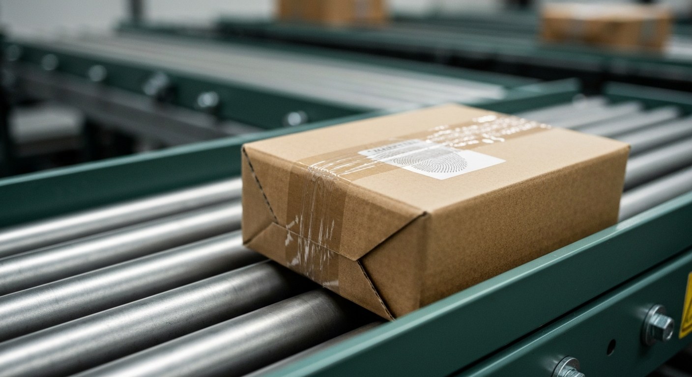 High-Velocity Sorting Systems Close-up of a cardboard package on a metallic conveyor belt in a sorting facility.