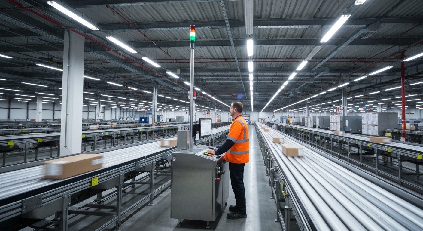Automated Logistics Sortation Mezzanine An automated warehouse conveyor system moving packages rapidly under industrial lighting.