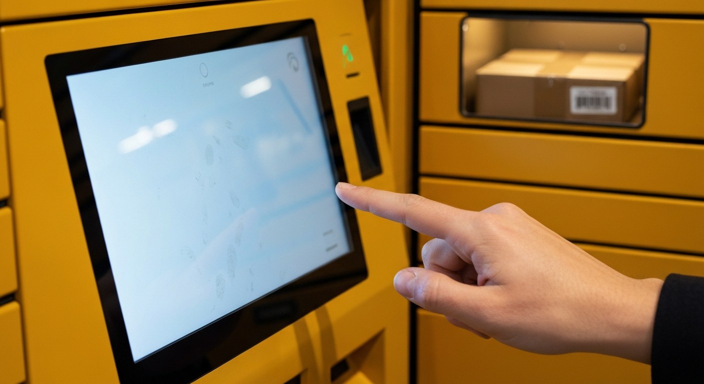 Close-up of a person's hand entering a code on a yellow electronic parcel locker screen in a bright retail setting.