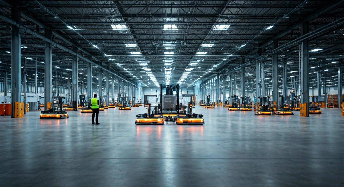 Decentralized Warehouse Automation and Data Mesh An automated warehouse floor with robots moving goods under natural skylight.