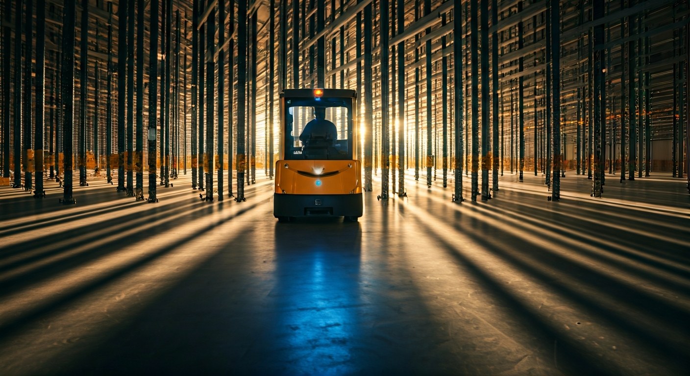 2026 Logistics Automation Automated warehouse vehicle moving through storage aisles.