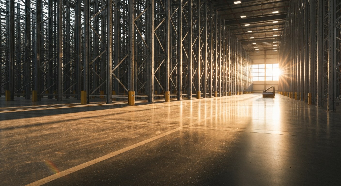 Modern Automated Logistics Warehouse A vast, modern automated warehouse with sunlight streaming across a polished concrete floor.