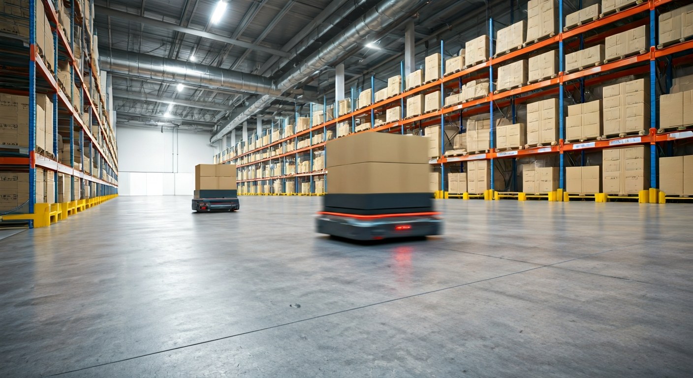 Automated Fulfillment and Warehouse Ecosystems Autonomous robots moving pallets across a modern distribution center floor with realistic lighting.