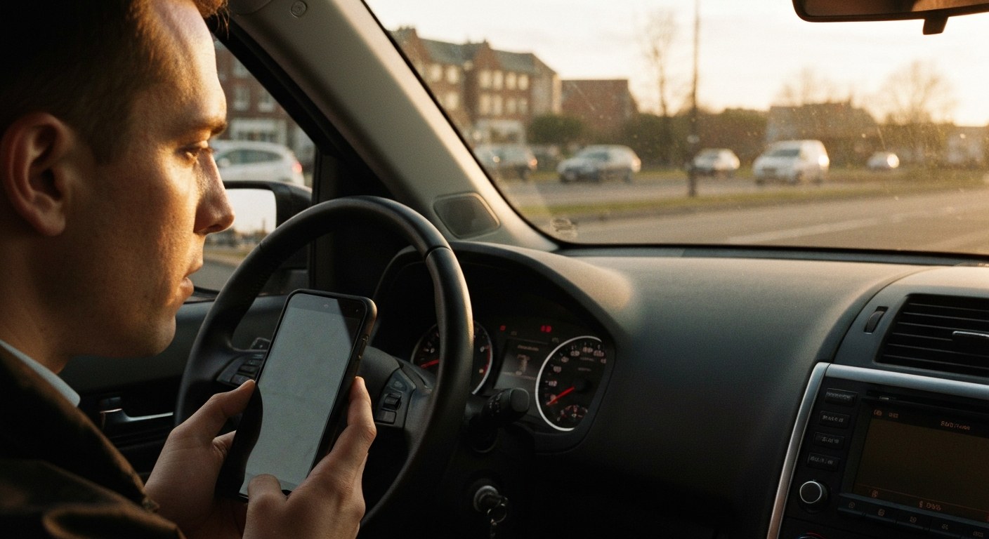 Independent Contractor Autonomy A delivery driver sits in their car during sunset, checking a mobile app on their smartphone.