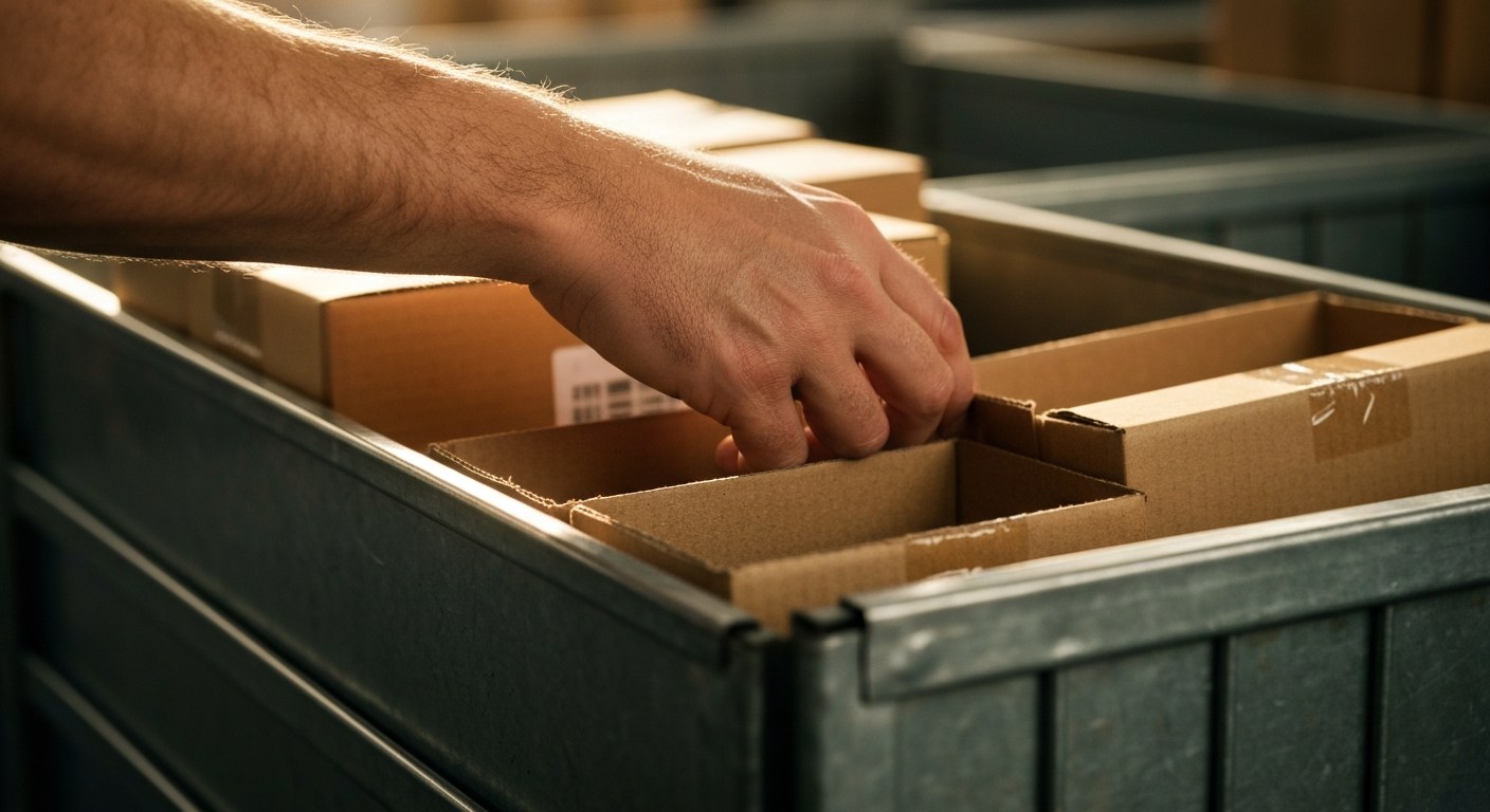 Close-up of a worker's hand reaching into a metal bin containing cardboard packages in a warehouse.